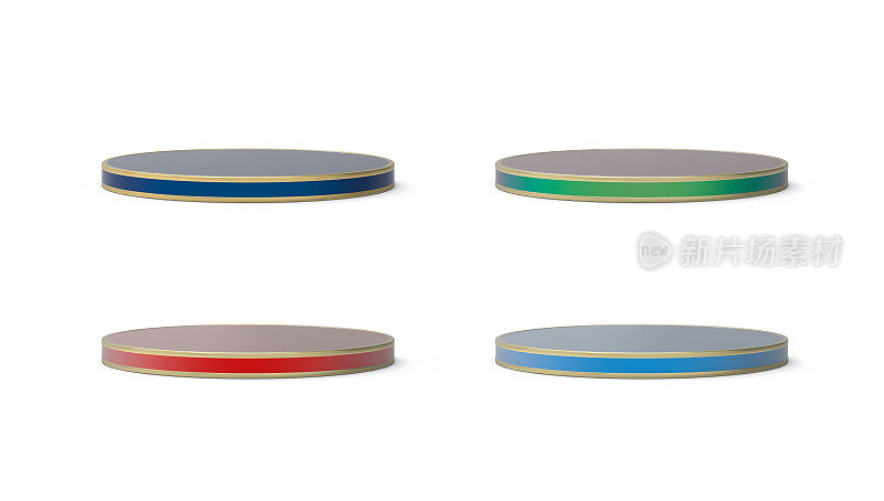一套3D彩色圆形领奖台，底座或平台与金色边缘。设计元素隔离在产品展示的背景上。3 d演示。
